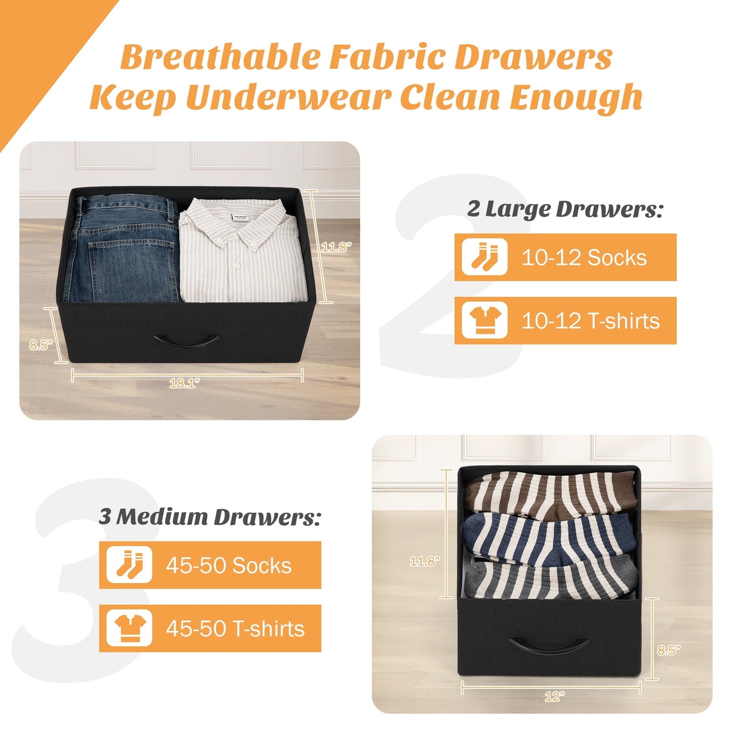 5 Drawer Fabric Dressers for Bedroom, Chest of Drawer Organizer Storage Cabinet for Closet, Entryway, Black