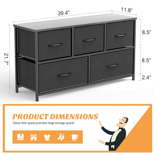 5 Drawer Fabric Dressers for Bedroom, Chest of Drawer Organizer Storage Cabinet for Closet, Entryway, Black
