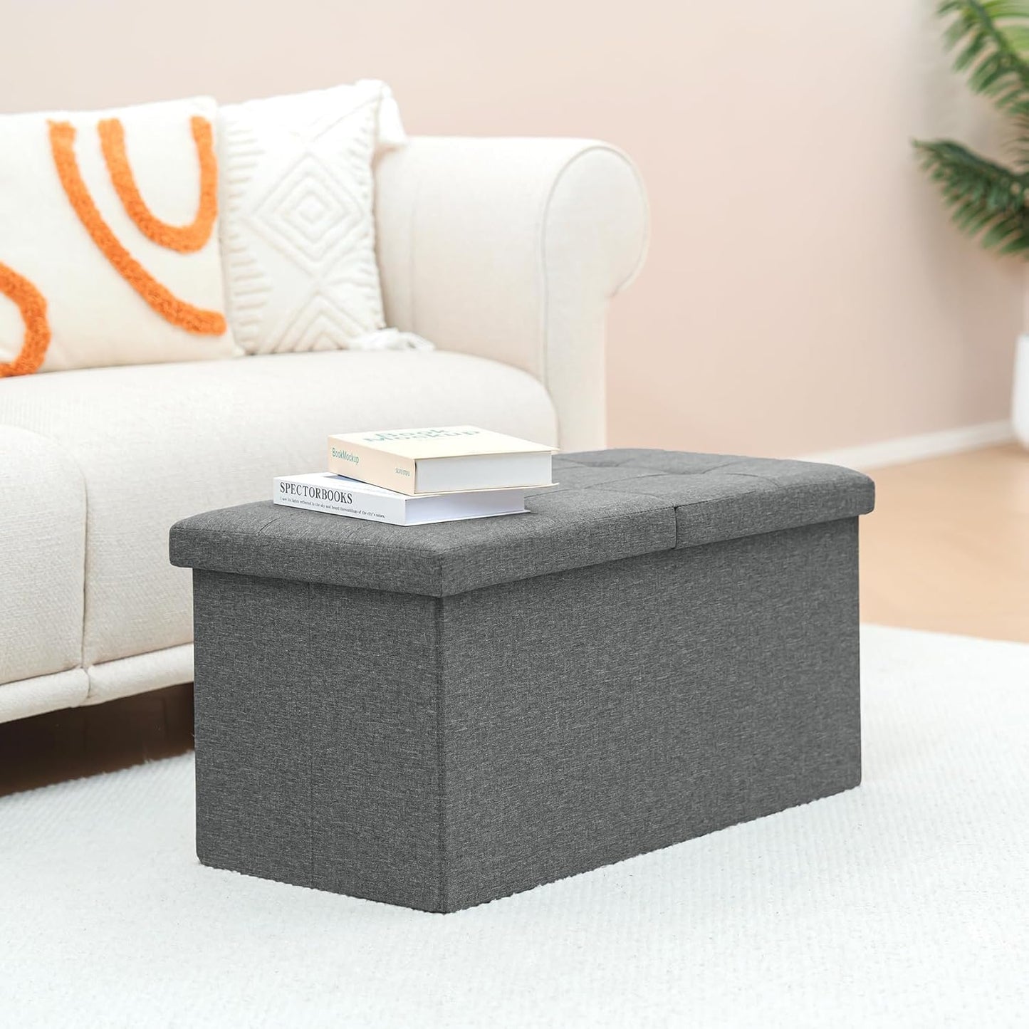 Storage Ottoman with Flipping Lids, Ottoman Bench Footrest Seat, Linen 30"X15"X15" (Grey)
