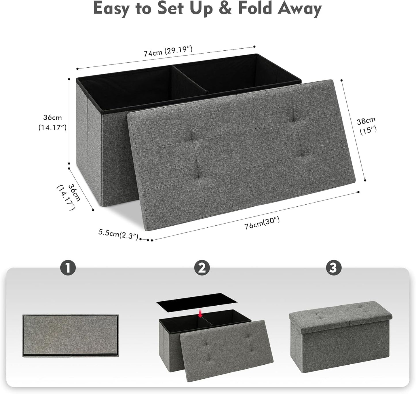 Storage Ottoman with Flipping Lids, Ottoman Bench Footrest Seat, Linen 30"X15"X15" (Grey)