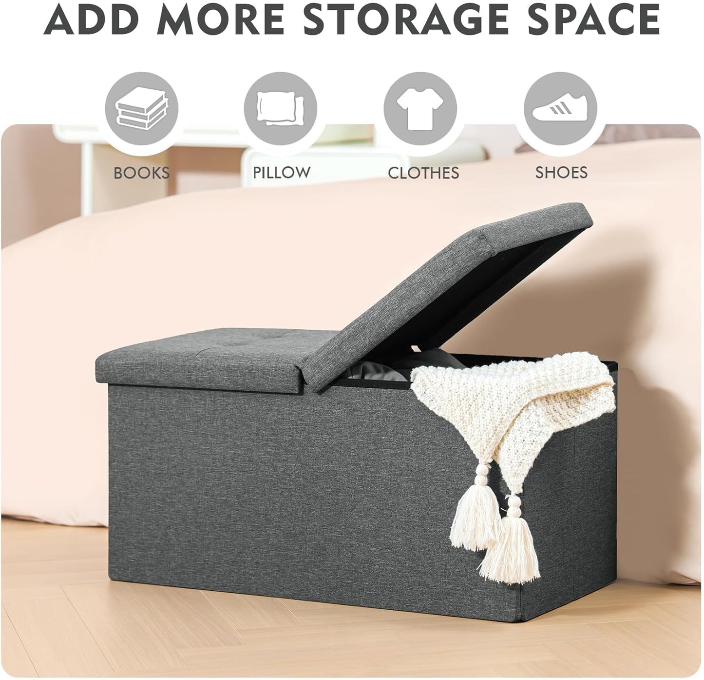 Storage Ottoman with Flipping Lids, Ottoman Bench Footrest Seat, Linen 30"X15"X15" (Grey)