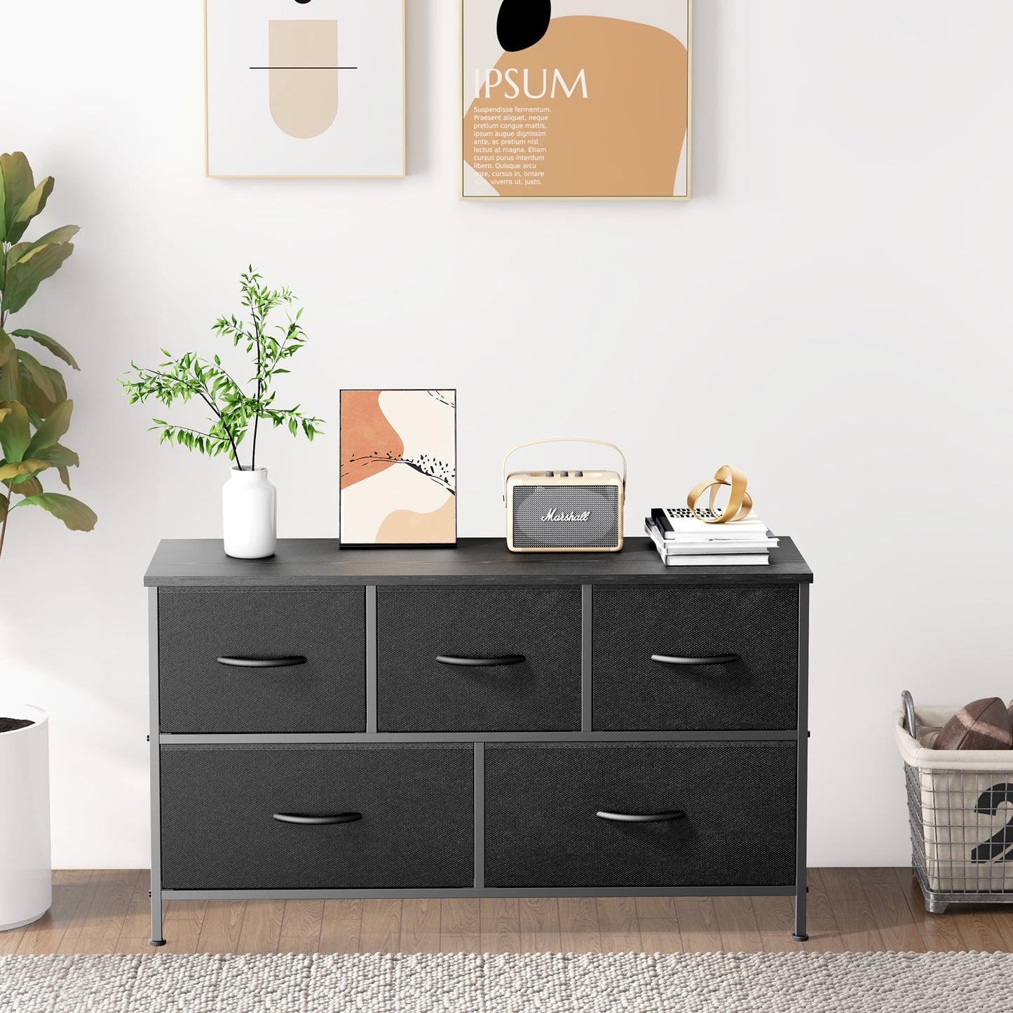 5 Drawer Fabric Dressers for Bedroom, Chest of Drawer Organizer Storage Cabinet for Closet, Entryway, Black