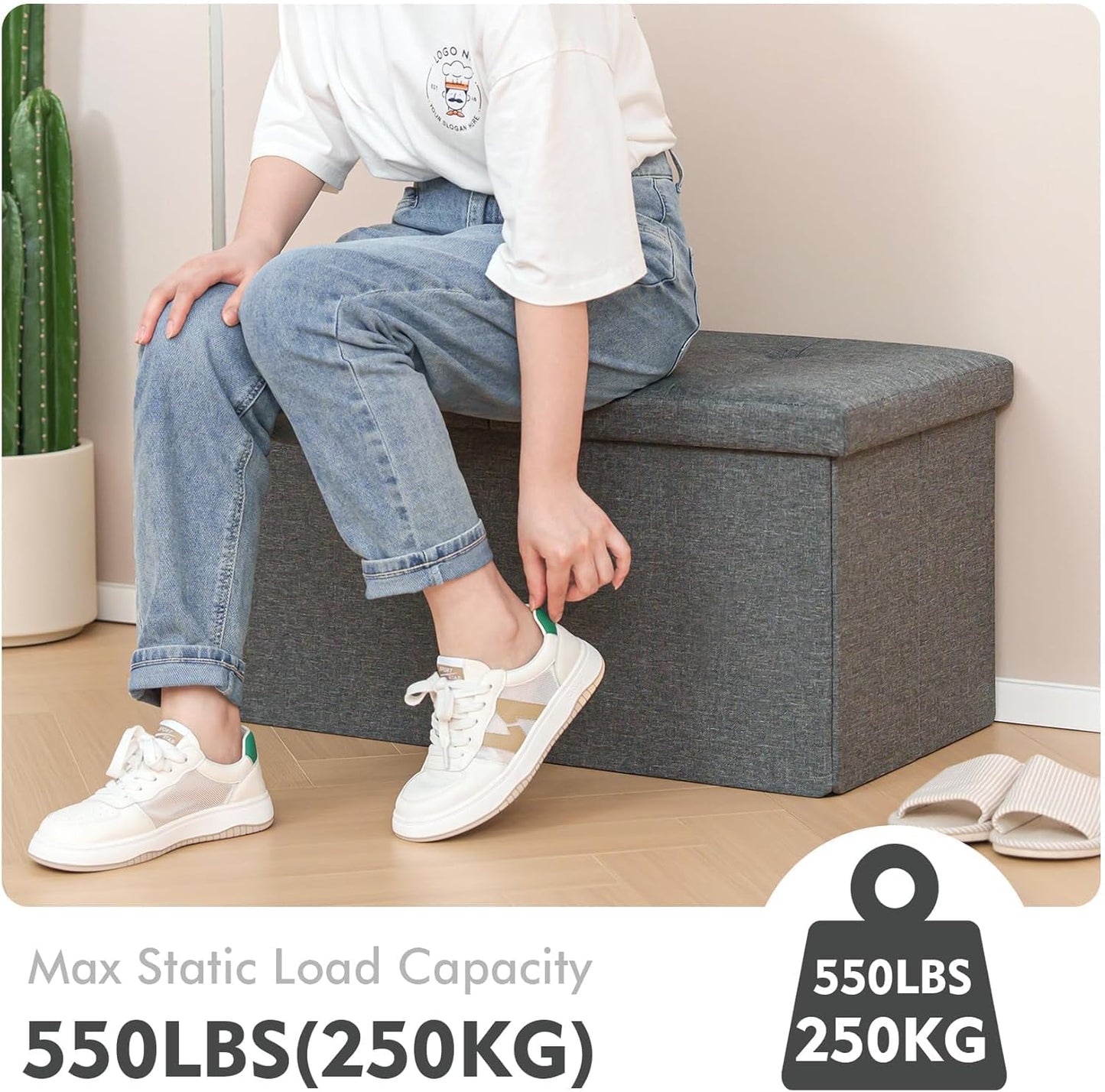 Storage Ottoman with Flipping Lids, Ottoman Bench Footrest Seat, Linen 30"X15"X15" (Grey)