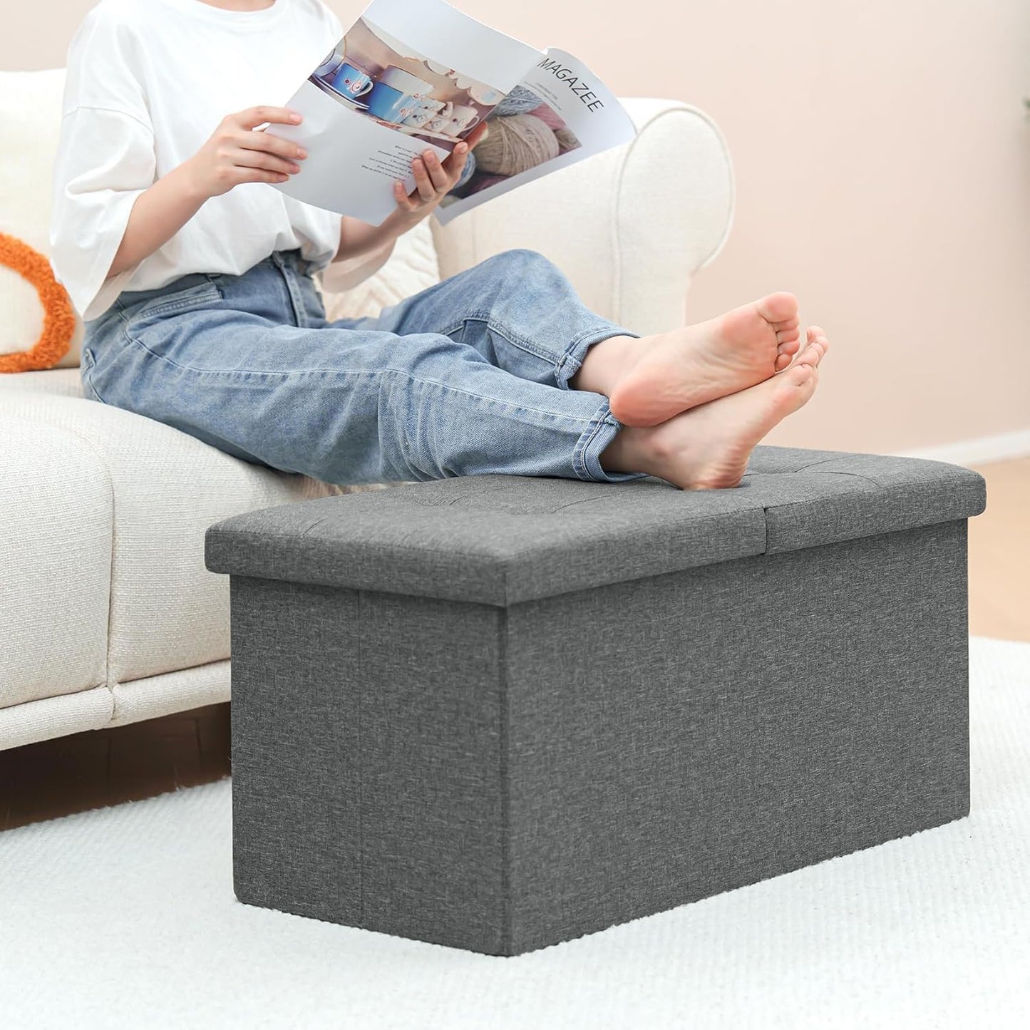 Storage Ottoman with Flipping Lids, Ottoman Bench Footrest Seat, Linen 30"X15"X15" (Grey)