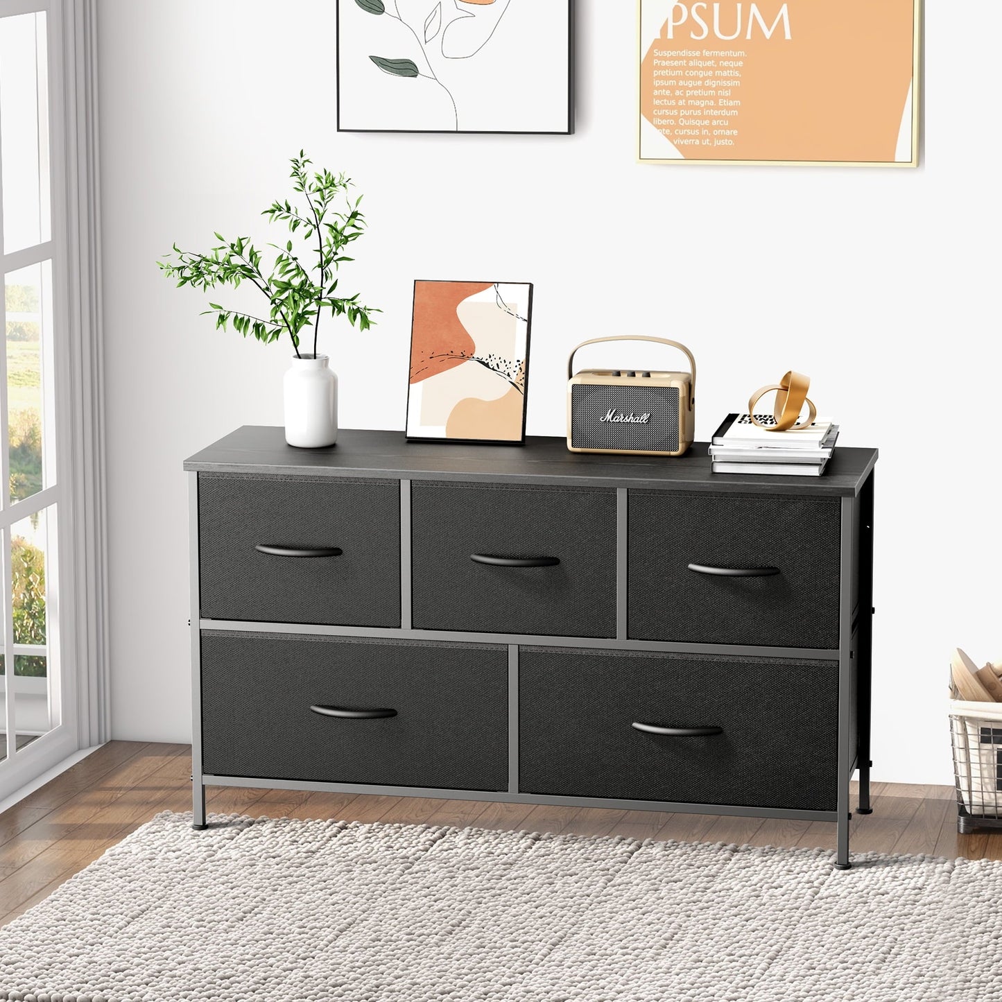 5 Drawer Fabric Dressers for Bedroom, Chest of Drawer Organizer Storage Cabinet for Closet, Entryway, Black