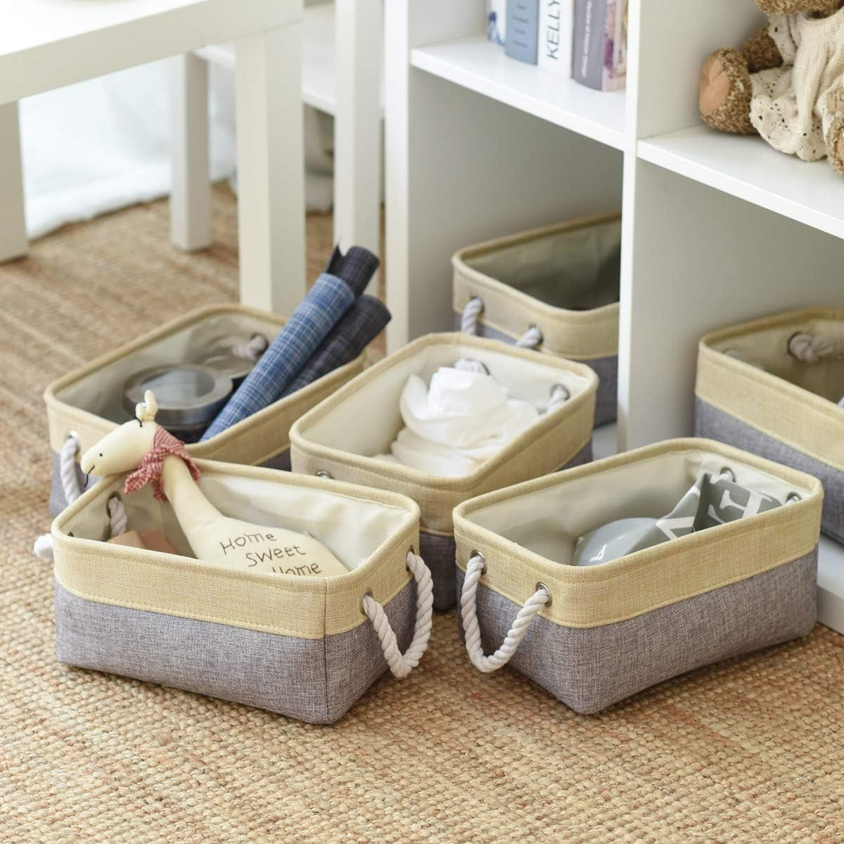 Storage Baskets for Organizing - 11.8X7.8X5.2 Inch Small 6 Pack Storage Bins for Shelve, Farbic Storage Cubes Organizer for Baby Toys Nursery (Gold & Grey)