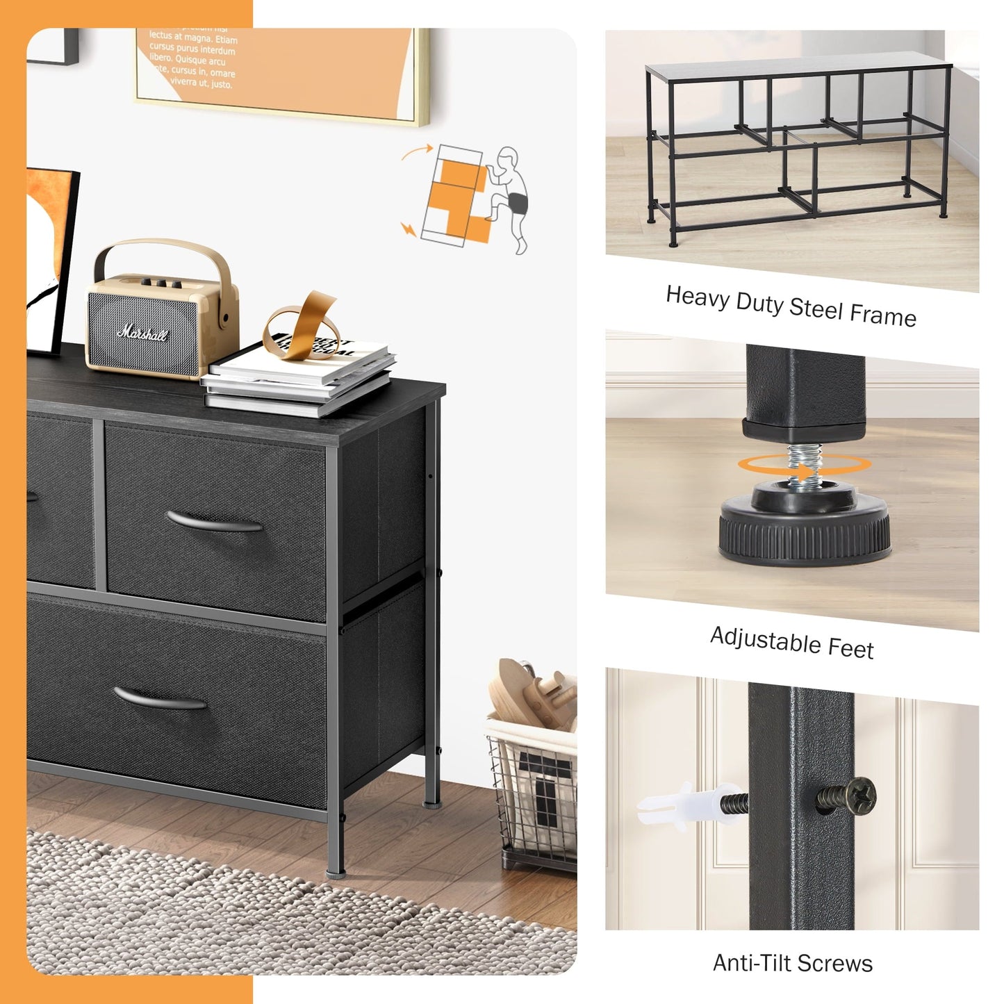 5 Drawer Fabric Dressers for Bedroom, Chest of Drawer Organizer Storage Cabinet for Closet, Entryway, Black